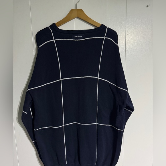Vintage Nautica Knit Sweater Simple Style Navy Blue Big Checkered Window Pane - Picture 6 of 12